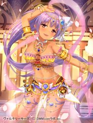 Rule 34 | 1girl, arm up, armpits, bad id, bad pixiv id, belly chain, belly dancer, breasts, dai seisen! valkyrie saga, dancer, dark skin, dark-skinned female, earrings, jewelry, large breasts, long hair, navel, necklace, official art, ponytail, purple hair, red eyes, revealing clothes, smile, solo, suzuame yatsumi, very long hair