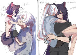Rule 34 | 2girls, ?, absurdres, age progression, aged down, animal ears, arms around neck, black shirt, blue eyes, blush, carrying, carrying person, cat ears, chinese commentary, closed mouth, collar, commentary request, ear blush, earrings, expressionless, grey hoodie, grey shirt, highres, honkai (series), honkai impact 3rd, hood, hoodie, jewelry, kemonomimi mode, kiana kaslana, long hair, moonsun77773, multicolored hair, multiple girls, ponytail, purple eyes, purple hair, raiden mei, red hair, shirt, short hair, short sleeves, simple background, smile, spoken question mark, streaked hair, translation request, white background, white hair, white shirt, yuri