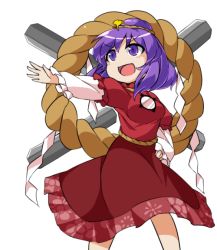 Rule 34 | 1girl, dress, fun bo, hair ornament, hand on own hip, layered sleeves, long sleeves, marisa to alice no cookie storia, mirror, open mouth, outstretched arm, pillar, purple eyes, purple hair, red dress, rope, shimenawa, short over long sleeves, short sleeves, smile, solo, touhou, x, yasaka kanako