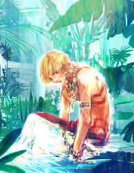 Rule 34 | 1boy, blonde hair, earrings, fate/zero, fate (series), garden, gilgamesh (fate), highres, jewelry, male focus, mpn, necklace, partially submerged, solo, tattoo