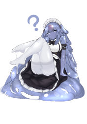 Rule 34 | 1girl, ?, absurdres, ass, blue hair, breasts, highres, long hair, maid, maid headdress, monster girl, original, pantyhose, simple background, slime girl, slm, solo, thighband pantyhose, very long hair, white background, white pantyhose