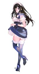 Rule 34 | 1girl, :o, alternate costume, bad id, bad twitter id, blue bow, blue bowtie, bow, bowtie, breasts, chitanda eru, clothes lift, dress, dress lift, enmaided, from behind, full body, hair ornament, hairclip, high heels, hyouka, large breasts, long hair, looking at viewer, looking back, maid, maid headdress, mery (yangmalgage), puffy short sleeves, puffy sleeves, purple dress, purple eyes, purple thighhighs, short sleeves, skindentation, solo, standing, standing on one leg, thighhighs, two-tone thighhighs, white thighhighs, wrist cuffs