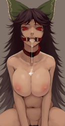 Rule 34 | 1girl, as109, bad id, bad pixiv id, black hair, breasts, collar, cum, cum in mouth, cum on body, cum on breasts, cum on upper body, cum pool, cumdrip, face, gag, gagged, highres, large breasts, long hair, nipples, open mouth, red eyes, reiuji utsuho, ring gag, slave, solo, touhou, uncensored