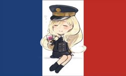 Rule 34 | 1girl, ^ ^, alcohol, alternate costume, annin musou, bad id, bad twitter id, blonde hair, closed eyes, cup, cupping glass, drinking glass, flag background, french flag, hat, kantai collection, long hair, long sleeves, military, military uniform, mole, mole under eye, mole under mouth, peaked cap, richelieu (kancolle), smile, solo, uniform, wine, wine glass