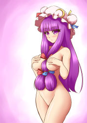 Rule 34 | 1girl, blush, bow, breasts, covering privates, covering breasts, crescent, female focus, hair bow, hat, highres, large breasts, long hair, looking at viewer, mazume, nude, patchouli knowledge, purple eyes, purple hair, solo, touhou