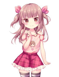 Rule 34 | 1girl, arm at side, bad id, bad pixiv id, bare shoulders, blunt bangs, blush, brown eyes, brown hair, closed mouth, collarbone, hair ribbon, hand up, head tilt, heart, highres, long hair, looking at viewer, off-shoulder shirt, off shoulder, original, pink ribbon, pink shirt, pink skirt, plaid, plaid skirt, ribbon, shirt, shirt straps, simple background, skirt, smile, solo, striped clothes, striped thighhighs, thighhighs, tsuruse, two side up, unmoving pattern, white background
