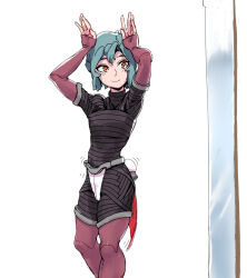 Rule 34 | 1girl, arms at sides, arms up, blue hair, blush, breasts, cropped legs, des (desvitio), highres, lily (desvitio), looking at mirror, mirror, neck, nose, original, science fiction, short hair, simple background, small breasts, smile, solo, thighs, white background, yellow eyes