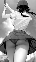 Rule 34 | 1girl, absurdres, ass, baseball bat, baseball cap, breasts, commentary request, gentsuki, greyscale, hat, highres, large breasts, medium hair, monochrome, original, outdoors, panties, pleated skirt, shirt, shirt tucked in, short sleeves, skirt, solo, thighs, underwear