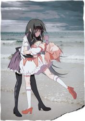 Rule 34 | 2girls, akemi homura, argyle, argyle clothes, argyle legwear, arm around waist, beach, bent over, black eyes, black hair, black hairband, black pantyhose, black ribbon, bobby socks, bow, bubble skirt, capelet, center frills, choker, closed eyes, cloud, cloudy sky, collarbone, colored eyelashes, commentary request, dancing, expressionless, eyelashes, facing viewer, footwear bow, frilled skirt, frilled sleeves, frills, full body, gloves, grey capelet, grey sky, hair ribbon, hairband, hand on another&#039;s shoulder, happy, holding hands, jitome, kaname madoka, korean commentary, laughing, leg up, legs apart, light blush, light particles, long hair, long sleeves, looking at another, looking down, mahou shoujo madoka magica, mahou shoujo madoka magica (anime), mary janes, multiple girls, neck ribbon, ocean, outdoors, pale skin, pantyhose, parted lips, pc (z yu), pink hair, pleated skirt, puffy sleeves, purple skirt, red bow, red footwear, ribbon, ribbon choker, ripples, shoes, shore, skirt, sky, socks, soul gem, standing, standing on one leg, teeth, twintails, upper teeth only, waist bow, water, waves, white gloves, white legwear, white skirt