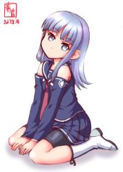 Rule 34 | 1girl, aoki hagane no arpeggio, bike shorts, blue eyes, blue hair, blue skirt, blunt bangs, boots, cosplay, dated, detached sleeves, hatsukaze (kancolle), head tilt, highres, iona (aoki hagane no arpeggio), iona (cosplay), kanon (kurogane knights), kantai collection, long hair, look-alike, looking at viewer, necktie, one-hour drawing challenge, pleated skirt, red necktie, sailor collar, sailor shirt, shirt, simple background, skirt, solo, white background, white footwear