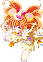 Rule 34 | 1girl, animal ears, bear ears, bloomers, blue eyes, blush, bow, cure mofurun, foreshortening, gloves, hat, highres, knee pads, mahou girls precure!, mofurun (mahou girls precure!), orange hair, outstretched arm, precure, punching, solo, star (symbol), star in eye, symbol in eye, tanabe kyou, underwear, white background, witch hat