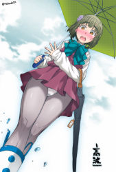Rule 34 | 10s, 1girl, :o, blunt bangs, blush, bob cut, boots, bow, character name, closed umbrella, cloud, cloudy sky, day, dress, dutch angle, embarrassed, eyebrows, flower, from below, grey pantyhose, hair flower, hair ornament, highres, holding, holding umbrella, kantai collection, long sleeves, looking at viewer, nose blush, open mouth, panties, panties over pantyhose, pantyhose, pink dress, rubber boots, short hair, short hair with long locks, sky, sleeveless, sleeveless dress, solo, splashing, sweatdrop, tag, takanami (kancolle), thick eyebrows, tokuda shinnosuke, twitter username, umbrella, underwear, upskirt, walking, water drop, white panties, white pantyhose