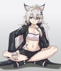 Rule 34 | 1girl, ahoge, animal ear fluff, animal ears, arknights, bandeau, black coat, black footwear, black nails, black shorts, boots, coat, collarbone, commentary, eyes visible through hair, fang, fang out, fingerless gloves, full body, gloves, gradient background, green eyes, grey background, grey hair, hair between eyes, hair ornament, hairclip, hand on own chin, hand on own leg, highres, indian style, lappland (arknights), long hair, long sleeves, looking at viewer, material growth, messy hair, midriff, nail polish, nav (itsnav), navel, open clothes, open coat, oripathy lesion (arknights), scar, scar across eye, scar on face, short shorts, shorts, simple background, sitting, smile, solo, strapless, tube top, very long hair, wolf ears