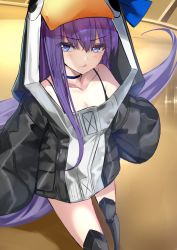 Rule 34 | 1girl, animal hood, armor, bare shoulders, black jacket, blue bow, blue eyes, blush, bow, breasts, choker, closed mouth, collarbone, fate/grand order, fate (series), greaves, hair between eyes, hood, jacket, kesoshirou, licking lips, long hair, long sleeves, looking at viewer, meltryllis (fate), meltryllis (swimsuit lancer) (first ascension) (fate), penguin hood, purple hair, sleeves past fingers, sleeves past wrists, small breasts, smile, solo, thighs, tongue, tongue out, very long hair