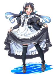 Rule 34 | 10s, 1girl, adapted costume, alternate costume, apron, black dress, black hair, black thighhighs, blue hair, dated, dress, enmaided, green eyes, kantai collection, long hair, maid, maid apron, maid headdress, md5 mismatch, multicolored hair, open mouth, ribbon, smile, solo, suzukaze (kancolle), tatsumi ray, thighhighs, torpedo, turret, twintails, twitter username