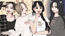 4girls ^_^ animal_ear_fluff animal_ears animification arrow_(symbol) bandaged_fingers bandages belle_(kiss_of_life) black_camisole black_hair blush braid camisole cat_ears closed_eyes everyone frown grey_shirt hair_behind_ear haneul_(kiss_of_life) highres julie_(kiss_of_life) k-pop kemonomimi_mode kiss_of_life low_ponytail multiple_girls music musical_note natty_(kiss_of_life) open_hand open_mouth pink_lips plaid_clothes plaid_shirt pointing print_shirt rabbit_ears real_life shaded_face shirt singing sleeves_past_wrists smile tangchi_suputhipong tiger_ears