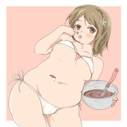 Rule 34 | 1girl, belly, bikini, bikini top only, blush, breasts, brown eyes, brown hair, chocolate, cleavage, come hither, curvy, eating, fat, finger to mouth, food on body, food on hand, glutton, hair between eyes, hair ornament, heo (tkgm), hip focus, holding, idolmaster, idolmaster cinderella girls, looking at viewer, medium breasts, mimura kanako, mixing bowl, navel, plump, short hair, side-tie bikini bottom, solo, swimsuit, tongue, tongue out, whisk