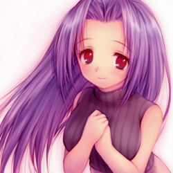 Rule 34 | 00s, 1girl, bare shoulders, breasts, female focus, gradient background, idolmaster, idolmaster (classic), idolmaster 1, long hair, lowres, miura azusa, nano00, own hands clasped, own hands together, purple hair, red eyes, sleeveless, sleeveless turtleneck, solo, sweater, turtleneck