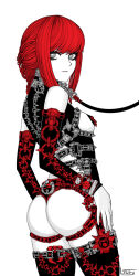 Rule 34 | 1girl, ass, bdsm, black leotard, black thighhighs, bondage outfit, chain, chainsaw man, collar, garter belt, harness, highres, leash, leotard, looking at viewer, looking back, ltstry, makima (chainsaw man), pasties, red hair, ringed eyes, simple background, slave, solo, spikes, thighhighs, white background