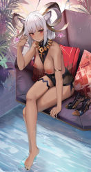 Rule 34 | 1girl, animal ears, arknights, arm strap, bare shoulders, between breasts, black footwear, black nails, black one-piece swimsuit, blush, breasts, breasts out, carnelian (arknights), carnelian (shimmering dew) (arknights), casual one-piece swimsuit, cleavage cutout, clothes pull, clothing cutout, crossed legs, dark-skinned female, dark skin, full body, goat ears, goat girl, goat horns, hand up, high heels, highres, horn ornament, horns, jewelry, large breasts, looking at viewer, nail polish, necklace, nipples, official alternate costume, one-piece swimsuit, one-piece swimsuit pull, plant, red eyes, ru zhai, shoes, unworn shoes, short hair, sitting, solo, swimsuit, toenail polish, toenails, wet, white hair