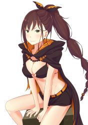 Rule 34 | 1girl, absurdres, angeloart3, between legs, bikini, bikini top only, black bikini, black bow, black cape, black shorts, blush, bow, braid, braided ponytail, breasts, brown hair, cape, cleavage, collarbone, floating hair, green eyes, groin, hair bow, hand between legs, highres, large breasts, long hair, navel, official style, orange bow, parted lips, ponytail, re:zero kara hajimeru isekai seikatsu, shaula (re:zero), short shorts, shorts, simple background, sitting, smile, solo, swimsuit, v-shaped eyebrows, very long hair, white background