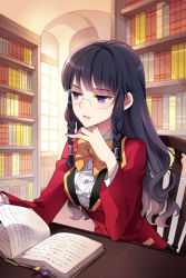 Rule 34 | 1girl, book, glasses, library, long hair, lowres, nardack, open mouth, purple eyes, purple hair, ribbon, serie, sitting, solo, sword girls, uniform