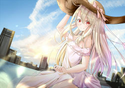 Rule 34 | 1girl, arm up, bare shoulders, blue sky, blush, bow, brown hat, building, cityscape, closed mouth, cloud, cloudy sky, commentary request, day, dress, fate/kaleid liner prisma illya, fate (series), fingernails, frilled dress, frills, hair between eyes, hand on headwear, hat, hat bow, highres, illyasviel von einzbern, lake, long hair, musihara, off-shoulder dress, off shoulder, outdoors, pink bow, red eyes, sky, skyscraper, smile, solo, sun hat, very long hair, water, white dress