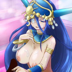 Rule 34 | 1girl, bangle, blue eyes, blue hair, bracelet, breasts, crescent moon, cum, cum on body, cum on breasts, cum on upper body, egyptian, facial, female focus, horns, ichigoya (mazikayu), inverted nipples, jewelry, large breasts, long hair, matching hair/eyes, mazikayu, moon, necklace, nipples, nut (p&amp;d), open mouth, puzzle &amp; dragons, smile, solo, topless, very long hair