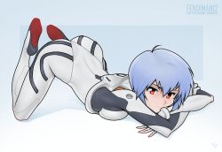 Rule 34 | 1girl, artist name, ass, ayanami rei, blue background, blue hair, bodysuit, breast press, closed mouth, feet up, fenixman12, full body, gradient background, head rest, highres, looking at viewer, neon genesis evangelion, orange eyes, pilot suit, plugsuit, short hair, smile, solo, top-down bottom-up, white background, white bodysuit