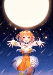 Rule 34 | 1girl, blush, breasts, kagerou project, kisaragi momo, large breasts, looking at viewer, night, night sky, open mouth, orange hair, orange pantyhose, pantyhose, red eyes, shina (sbk951121), sky, smile, solo, star (sky), starry sky, yellow pantyhose