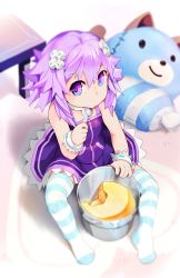 Rule 34 | 1girl, aged down, bucket, choker, d-pad, dogoo, eating, food, food on face, hair ornament, highres, looking at viewer, looking up, neptune (neptunia), neptune (series), pudding, purple eyes, purple hair, segamark, short hair, sitting, solo, spoon, striped clothes, striped thighhighs, stuffed toy, thighhighs