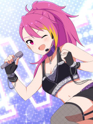 Rule 34 | 1girl, ;d, black gloves, black shorts, blonde hair, breasts, choker, cleavage, collarbone, fingerless gloves, fishnet thighhighs, fishnets, garter straps, gloves, grey thighhighs, headset, holding, holding microphone, idol, idolmaster, idolmaster million live!, idolmaster million live! theater days, lens flare, long hair, maihama ayumu, microphone, midriff, multicolored hair, navel, one eye closed, open mouth, pink hair, ponytail, purple choker, red eyes, short shorts, shorts, small breasts, smile, solo, sparkle, stomach, thighhighs, trinitro t, two-tone hair