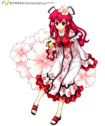 Rule 34 | 10s, armcho, dress, flower, full body, hair ornament, long hair, red eyes, red hair, sandals, solo, trickster (ntreev soft)