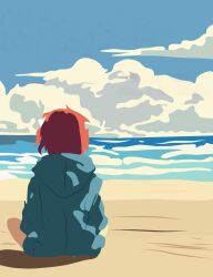 Rule 34 | #1027 (limited), 1girl, beach, blue sweater, highres, limited, long hair, red hair, sand, sitting, sky, solo, sweater, water
