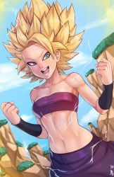 Rule 34 | 10s, 1girl, aqua eyes, bare shoulders, blonde hair, blue sky, breasts, caulifla, cleavage, clenched hands, cloud, day, dragon ball, dragon ball super, its just suppi, navel, open mouth, saiyan, sky, smile, solo, spiked hair, stomach, strapless, super saiyan, super saiyan 2, teeth, tube top, vambraces