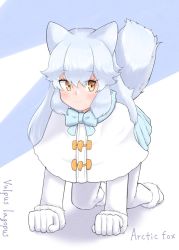 Rule 34 | 1girl, 38b48bfrm, all fours, animal ears, arctic fox (kemono friends), blue bow, blue bowtie, blue skirt, bow, bowtie, capelet, character name, commentary request, eyes visible through hair, fox ears, fox tail, full body, fur-trimmed sleeves, fur trim, gloves, hair between eyes, highres, kemono friends, long hair, long sleeves, looking at viewer, original, pantyhose, scientific name, silver hair, simple background, skirt, smile, solo, tail, white capelet, white gloves, white pantyhose