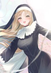 Rule 34 | 1boy, 1girl, absurdres, black dress, blonde hair, blush, breasts, brown eyes, capelet, dress, full-length zipper, habit, highres, kurage cc, large breasts, long hair, long sleeves, looking at viewer, nijisanji, nun, open mouth, simple background, sister claire, smile, solo, traditional nun, virtual youtuber, white capelet, zipper, zipper dress