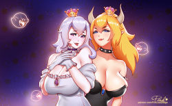 Rule 34 | 2girls, :3, :p, armlet, artist name, bare shoulders, black dress, blonde hair, blue eyes, boo (mario), bowsette, breasts, brooch, collar, collarbone, crown, dress, fang, fang out, gloves, hands on own chest, horns, jewelry, large breasts, long hair, looking at viewer, luigi&#039;s mansion, mario (series), multiple girls, new super mario bros. u deluxe, nintendo, patreon username, pink lady mage, pointy ears, ponytail, princess king boo, purple eyes, sharp teeth, signature, silver hair, smile, spiked armlet, spiked collar, spikes, star (symbol), starry background, strapless, strapless dress, super crown, teeth, tongue, tongue out, upper body, watermark, web address, white dress, white gloves
