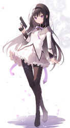 Rule 34 | 1girl, absurdres, akemi homura, argyle, argyle clothes, argyle legwear, black hair, black hairband, black thighhighs, capelet, collared capelet, crossed legs, expressionless, frilled skirt, frills, full body, gun, hairband, hand up, highres, holding, holding gun, holding weapon, jacket, long hair, long sleeves, looking at viewer, magical girl, mahou shoujo madoka magica, mahou shoujo madoka magica (anime), neck ribbon, purple background, purple capelet, purple eyes, purple ribbon, purple skirt, ribbon, skirt, solo, standing, thighhighs, two-tone background, watson cross, weapon, white background, white jacket, xinjinjumin8456216