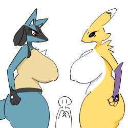 Rule 34 | 1other, 2girls, breasts, creatures (company), digimon, digimon (creature), fluffy, fox girl, fox tail, furry, game freak, gen 4 pokemon, huge breasts, looking at another, lucario, multiple girls, nintendo, pokemon, pokemon (creature), renamon, tail
