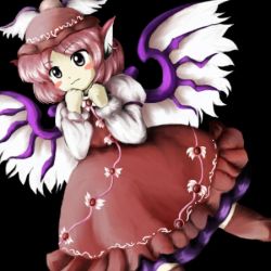 Rule 34 | 1girl, animal ears, bad id, bad pixiv id, blush stickers, brown dress, clenched hands, dress, dutch angle, female focus, hat, lowres, mystia lorelei, official style, parody, simple background, solo, style parody, tntn, touhou, wings