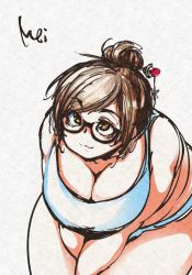 Rule 34 | 1girl, :3, blush, breasts, brown eyes, brown hair, character name, cleavage, cross-eyed, fat, fat rolls, glasses, hair ornament, hair stick, hiro (h-net), large breasts, leaning forward, looking at viewer, mei (overwatch), overwatch, overwatch 1, short hair, smile, solo, thick thighs, thighs, v arms, wide hips