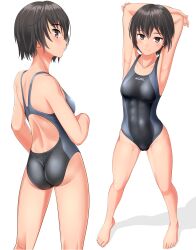 Rule 34 | 1girl, abs, absurdres, amagami, arms behind head, ass, barefoot, black hair, black one-piece swimsuit, breasts, brown eyes, competition swimsuit, cowboy shot, highres, looking at viewer, looking back, medium breasts, multiple views, nanasaki ai, one-piece swimsuit, short hair, simple background, standing, swimsuit, takafumi, tan, two-tone swimsuit, white background
