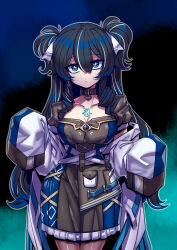 +_+ 1girl aallotar_(ac8231) bell blue_eyes blue_hair chest_tattoo closed_mouth coat collarbone commission cowboy_shot double_bun dress hair_bun hair_ornament hair_ribbon highres lab_coat long_hair long_sleeves looking_at_viewer multicolored_hair neck_bell off_shoulder open_clothes open_coat original ribbon skeb_commission sleeves_past_fingers sleeves_past_wrists solo sparkling_eyes streaked_hair tattoo tukiwani two-tone_dress white_coat white_hair white_ribbon