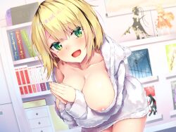 Rule 34 | :d, areola slip, blonde hair, blush, book, bookshelf, breasts, cleavage, collarbone, figure, green eyes, highres, indoors, large breasts, leaning, long sleeves, looking at viewer, non-web source, open clothes, open mouth, open shirt, original, own hands together, pajamas, poster (object), rozea (graphmelt), shelf, shirt, short hair, sleepwear, smile, white shirt