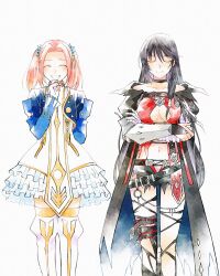 Rule 34 | 2girls, bandaged arm, bandages, black choker, black hair, boots, breasts, brown hair, choker, cleavage, closed eyes, closed mouth, collarbone, cropped jacket, crossed arms, dress, eleanor hume, enoki kino, fingerless gloves, frills, gloves, hair between eyes, hair ornament, highres, long hair, medium breasts, multiple girls, navel, open mouth, simple background, smile, standing, tales of (series), tales of berseria, thigh boots, torn clothes, twintails, underboob, velvet crowe, very long hair, white background, white dress, white footwear