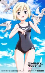 Rule 34 | 1girl, bird, blonde hair, blue eyes, dove, erica hartmann, one-piece swimsuit, phonecard, short hair, solo, stirke witches, strike witches, swimsuit, world witches series