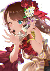 Rule 34 | 1boy, andou shuki, aqua eyes, bag, bare shoulders, blurry, blush, bracelet, brown dress, brown hair, chocolate, chromatic aberration, commentary, depth of field, dress, flower, food, frills, hair flower, hair ornament, highres, holding, holding bag, holding chocolate, holding food, idol, idolmaster, idolmaster side-m, jewelry, looking at viewer, male focus, mizushima saki, one eye closed, pursed lips, rose, simple background, sleeveless, solo, trap, upper body, white background, white flower, white rose