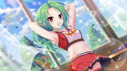 Rule 34 | 1girl, armpits, arms behind head, black thighhighs, blue sky, breasts, classroom, closed mouth, cloud, cloudy sky, crop top, curtains, day, dot nose, dutch angle, falling leaves, film grain, folded clothes, game cg, green hair, group name, hair tie, hair tie in mouth, indoors, izumi tsubasu, leaf, lens flare, long hair, looking at viewer, medium breasts, midriff, mouth hold, navel, non-circular lens flare, non-web source, official art, open window, pen, re:stage!, red skirt, school uniform, scissors, shirokita kuroha, skirt, sky, solo, sparkle, star (symbol), sunlight, thighhighs, tree, tying hair, wind, window, yellow eyes, zettai ryouiki