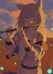 Rule 34 | 1girl, animal ears, artist name, breasts, camisole, cat ears, chest jewel, closed eyes, closed mouth, cloud, collarbone, commentary, english commentary, field, fikkyun, fingerless gloves, flute, gloves, grey hair, hands up, highres, holding, holding instrument, instrument, jacket, mio (xenoblade), off shoulder, open clothes, open jacket, outdoors, short hair, single bare shoulder, skirt, small breasts, smile, solo, sunset, upper body, white gloves, white jacket, white skirt, xenoblade chronicles (series), xenoblade chronicles 3